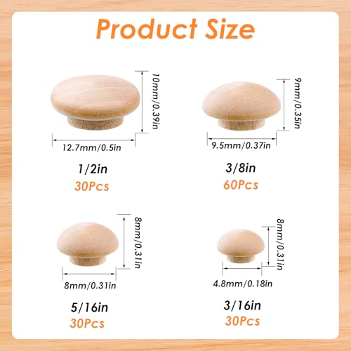 Tnisesm 150Pcs Mushroom-Shaped Wooden Hole Plugs - 4 Sizes for Furniture & Woodwork