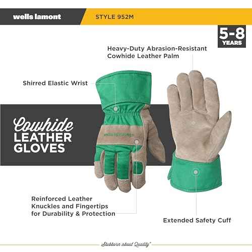 Wells Lamont Kids Gardening Gloves ? Durable Puncture & Abrasion-Resistant Cowhide ? Leather Palm, Safety Cuff, Snug Fit, Winged Thumb ? Youth All-Season Work Gloves for Kids ? Ages 5-8, Green (952M)