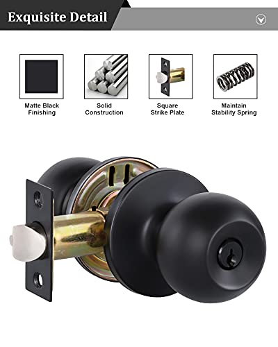 1 Pack Matte Black Door Knobs with Lock & Keys for Interior/Exterior Use - Easy Install