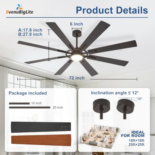 BvenuBigLite Black 72-Inch Modern Outdoor Ceiling Fan with Lights and Remote Control - Reversible 6-Speed Quiet DC Motor