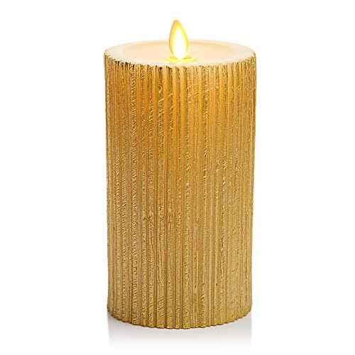 Luminara Metallic Embossed Pillar, Champagne Flameless LED Candle 3.25" x 6.5", Battery Operated Real Flame Technology w/Timer Function, Paraffin Wax