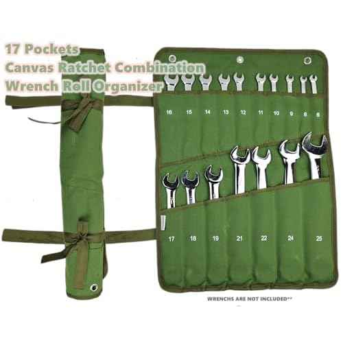 17 Pocket Canvas Ratchet Combination Wrench Roll Organizer: Easy-to-Roll Tool Pouch Bag for Efficient Storage