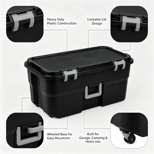22 Gallon Heavy-Duty Lockable Plastic Footlocker with Wheels for Camping & Storage