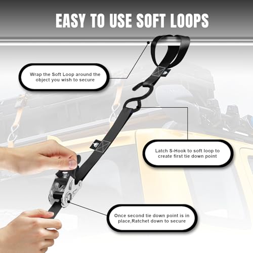 Black 4-Piece Heavy Duty Ratchet Tie Down Straps Set - 1500 lbs Capacity, 1" x 15', Soft Loops & Coated Hooks