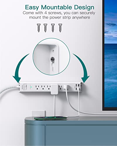 Addtam White & Grey 10 ft Heavy Duty Power Strip with 6 AC Outlets & 4 USB Ports