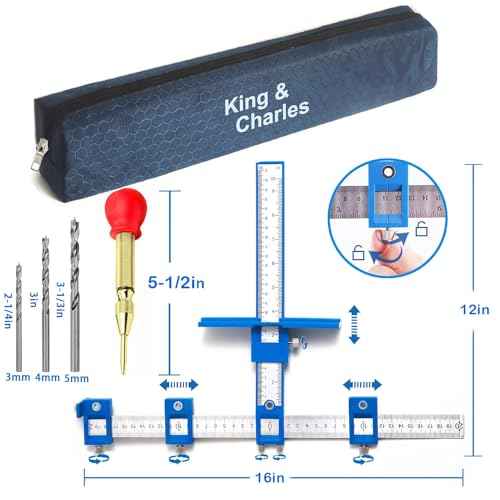 Cabinet Hardware Jig, King&Charles Cabinet Handle Jig + Automatic Hole Punch + Point Drill Bits, Use for Handles Knobs Pulls on Drawers/Doors, Wood Drilling Dowelling Guide Set.