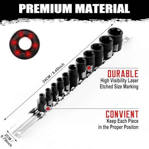 11-Piece E-Torx Socket Set, 1/4" & 3/8" Drive, E4-E20 Torque Socket Set