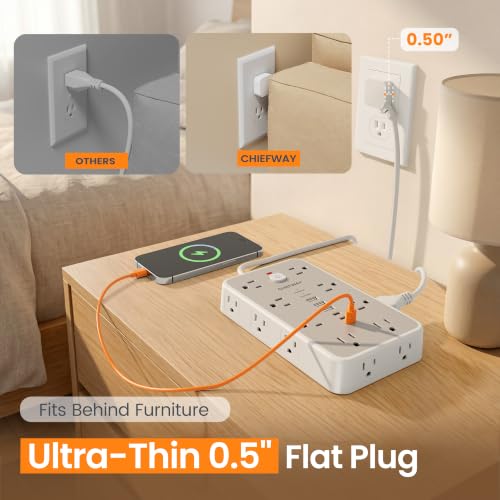 Chiefway 6 FT White Surge Protector Power Strip with 16 Outlets & 6 USB Ports