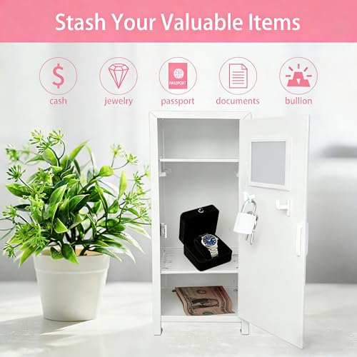 Itechpanda White Mini Locker with Key & Stickers, Small Metal Storage Box for Jewelry & Cash