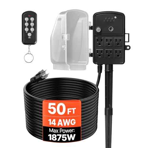 VEVOR Outdoor Power Stake Timer, 50FT Extension Cord, Remote Control Outdoor Power Strip with Cover, Dusk to Dawn Light Timer Waterproof, 6 Outlets for Halloween Christmas Lights, Garden Decorations