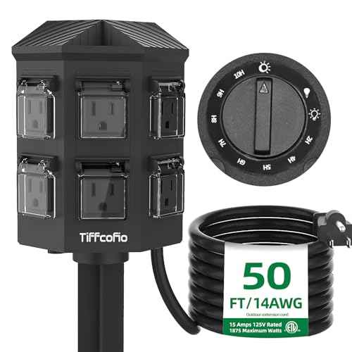 TiFFCOFiO Outdoor Power Strip Timer, Dusk to Dawn Light Sensor Countdown, 50 Feet Extension Cord Waterproof, 6 Grounded Outlets for Halloween and Christmas Decorations, ETL Listed (50 FT)