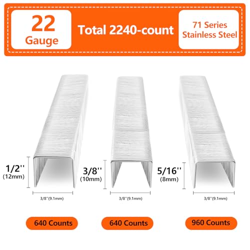 71 Series 22 Gauge 3/8" Crown 304 Stainless Steel Staples 2240-Count 3 Sizes for 71 Series Staple Gun, Includes: 5/16", 3/8", 1/2", Assortment Combo kit