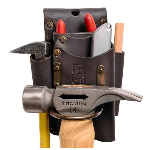FESA Small Leather Tool Pouch - 5-in-1 Heavy Top Grain Leather Small Tool Pouch with a Steel Hammer Loop, 4 Pockets & Reinforced Heavy Duty Rivets - Fits Belts up to 3" - Handcrafted