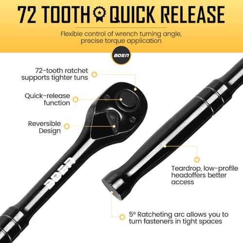 boen 1/4-Inch Drive Ratchet Wrench, Quick-Release Reversible Ratchet Wrench, Titanium Alloy Coating, High-Precision Durable Design