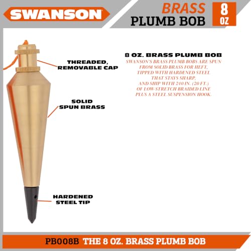 Swanson 8 oz. Brass Plumb Bob with 20 ft. Line, Hardened Steel Tip
