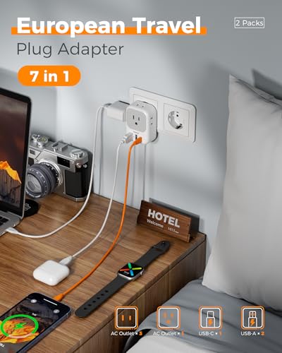 TESSAN European Travel Plug Adapter 2 Pack - White Grey, Type C Compatible