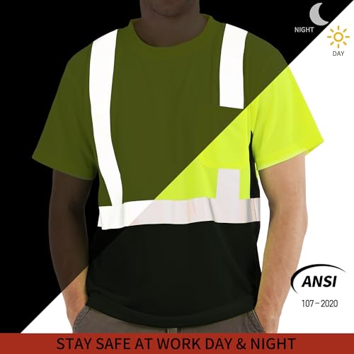 FATONE Hi Vis T Shirt Class 2 High Visibility Safety Shirts for Men Breathable Construction Work Mesh Short Sleeve with Pocket, 3PCS, Black Bottom Yellow L