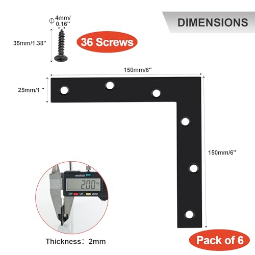 SAYAYO 6-Pack Black Stainless Steel L Brackets 150x150mm Flat Mending Plates for Furniture