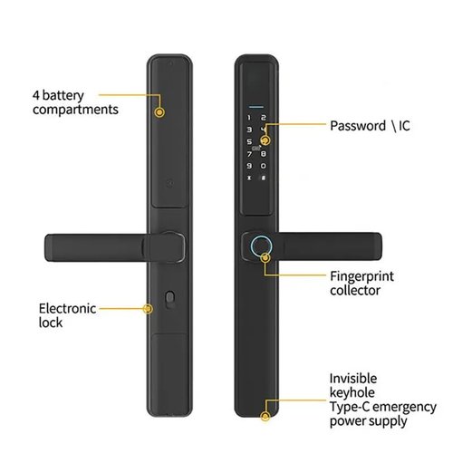 Slim Smart Lock for Sliding Doors – 6-in-1 Keyless Entry with Fingerprint, Passcode, IC Card, App Control, Key + Built-in Doorbell | Tuya WiFi, Auto-Lock, Alexa Compatible | Sleek Black Aluminum