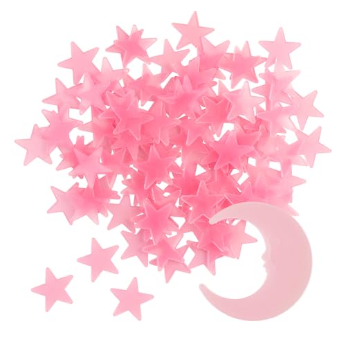 Pink Glow in The Dark Star and Moon Wall Stickers - 100 Luminous Plastic Ceiling Decor