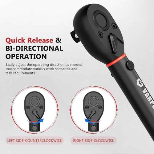 VANPO Torque Wrench 1/2-Inch Drive, 10-170.0ft.lb/13.60-230.5Nm,72 Tooth, TRP+ABS Plastic Handle, Click Torque Wrench with 1/2" to 3/8" Adapter & 125mm Extension Bar for Moto, Automotive Maintenance