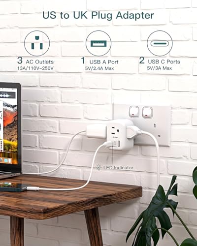 Addtam US to UK Travel Plug Adapter Type G with 3 Outlets, 2 USB-A & 1 USB-C