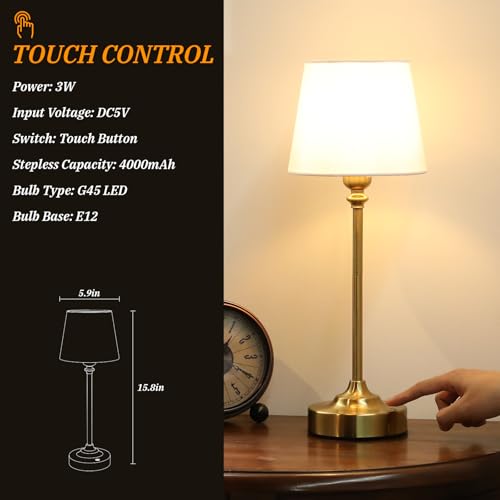 Kakanuo White and Gold Cordless Table Lamp with Rechargeable Battery, 15.8in Empire Shade