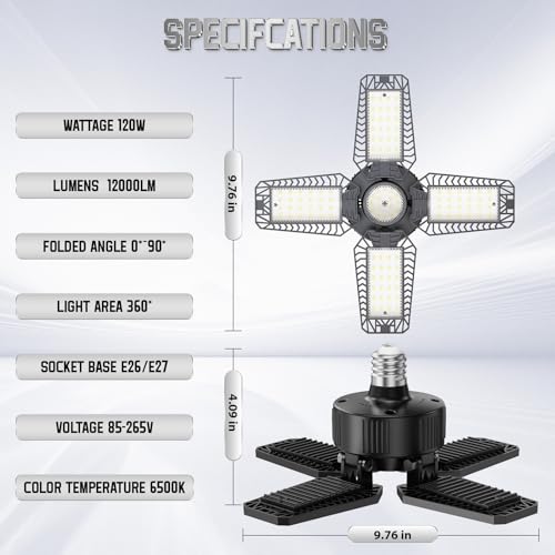 TOPAUBUB 2-Pack 120W 12000LM LED Garage Lights with 4+1 Adjustable Panels, E26/E27 Screw-In Shop Lighting, Daylight 6500K