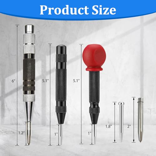 3PCS 6" and 5" Automatic Center Punch with 3PCS Replacement Tip, Adjustable Spring Loaded Center Punch, Center Hole Punch Tool for Wood, Metal, Plastic, Stone and Glass