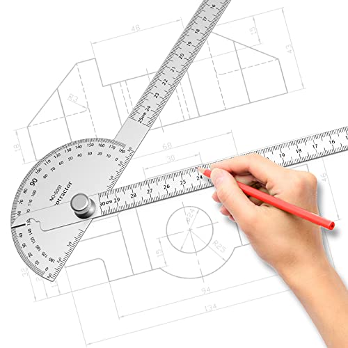 ForoGore 30 cm Stainless Steel Protractor with Adjustable Two-Arm Ruler – 0-180°