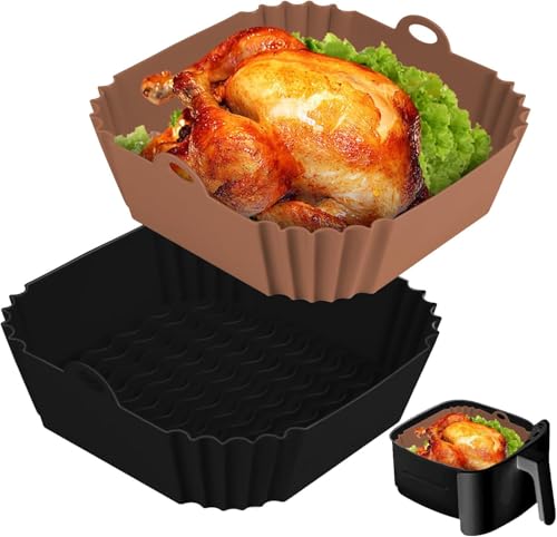 Boribim 2-Pack 8-Inch Silicone Air Fryer Liners (Black + Brown) – Reusable Sq Liners for 4-7 Qt Air Fryers