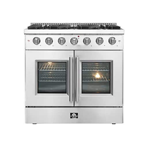FORNO Vittorio Full Gas 36" Inch. French Door Freestanding Range 6 Sealed Burners Cooktop - 5.36 Cu. Ft. Gas Convection Oven Capacity - Stainless Steel Stove Range Heavy Duty Cast Iron Grates