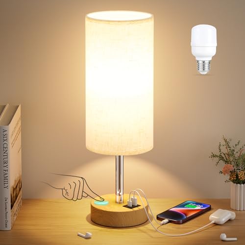 Dicoool Cream & Wooden 14-Inch Bedside Table Lamp with Touch Control & 3-Way Dimmable USB Charging