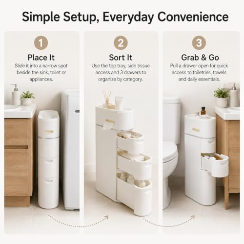 Tuxiatron Slim Bathroom Storage Cabinet with 3 Drawers & Space Organizer