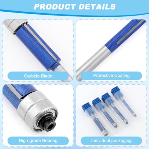 4 Pcs Flush Trim Router Bit Set, 1/4" Shank, Top Bearing, Includes 5/16", 3/8", 1/2" Diameters ? High-Value Router Bits for DIY and Professional Woodworking