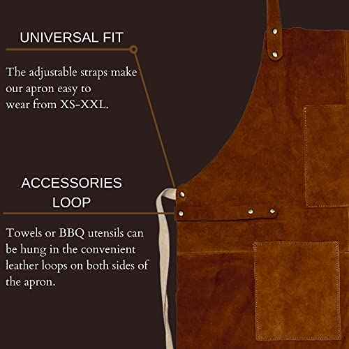 RUSTIC TOWN Leather Grill Work Apron with Tool Pockets ~ Adjustable up to XXL for Men & Women ~ Leather Tool Apron