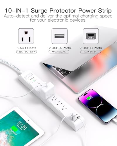 Mifaso White & Grey 10FT Surge Protector Power Strip with Flat Plug, 6 AC & 4 USB Ports