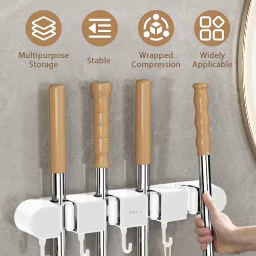 3Pcs Broom Mop Holder with Hooks Wall Mounted Broom Storage Rack No Drilling Self-Adhesive Mop Broom Organizer Mop Holder Hanger for Bathroom Office Kitchen Closet Garage,White (3)