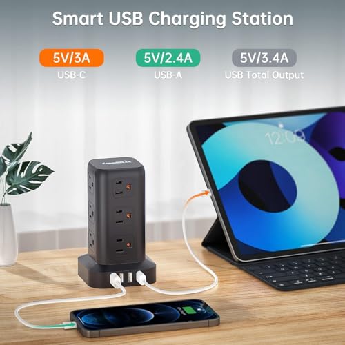 SMALLRT Black Power Strip Tower with 12 Outlets & 4 USB Ports, 6.5FT Extension Cord, Overload Protection, No Wireless Charging
