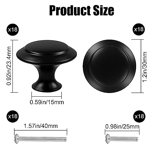 Romeda Round Black Drawer Knobs 30mm - Set of 18 for Cabinets & Dressers