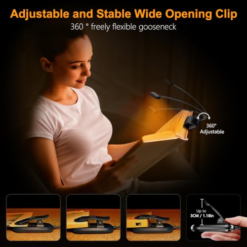 Gritin Rechargeable Book Light Black, 19 LED Reading Light with Adjustable Brightness & 360° Flexible Neck