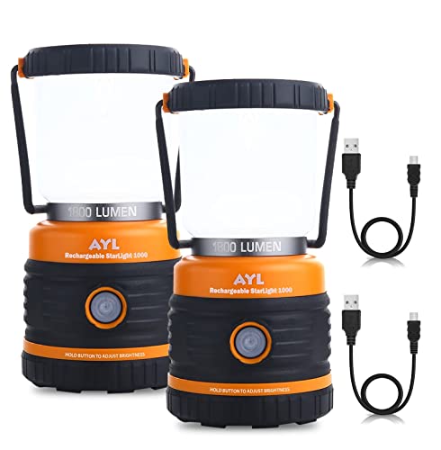 AYL 1800LM Rechargeable LED Camping Lantern 2 Pack Black & Orange, Waterproof Emergency Light with Power Bank