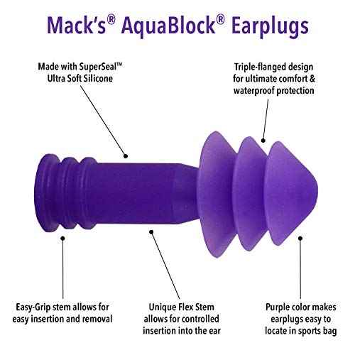 Mack's AquaBlock Swimming Earplugs, 2 Pair - Comfortable, Waterproof, Reusable Silicone Ear Plugs for Swimming, Snorkeling, Showering, Surfing and Bathing (Purple)