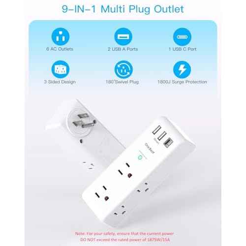 Surge Protector Outlet Extender - with Rotating Plug, 6 AC Multi Plug Outlet with 3 USB Ports (1 USB C), 1800J Wall Charger, 3-Sided Power Strip with Spaced Outlet Splitter for Home, Office, Travel
