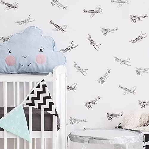 Boy Vintage Planes Wall Decals - Peel and Stick Airplane Wall Stickers, Sketch Themed for Baby Boys or Gender Neutral Rooms