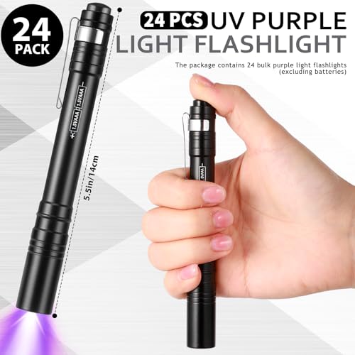 24 Pack UV Blacklight Flashlights Bulk, 395nm UV Pen Light with Clip, LED Handheld Blacklight Detector for Leak Pet Urine Hotel Inspection Dry Stain Neon Party Favors(Black)