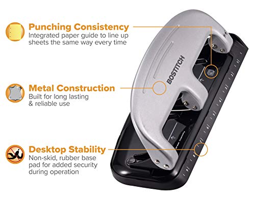 Bostitch EZ Squeeze 3-Hole Punch Silver - 20 Sheet Capacity, No Jam
