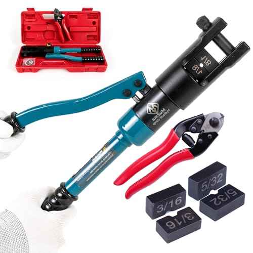 Muzata Upgraded Custom Cable Railing Crimping Tool Hydraulic Crimper Hydraulic Crimping Tool for 1/8" 5/32" 3/16" Stainless Steel Cable Railing Kit Wire Rope Swaging Kit with Wire Cutter CT01