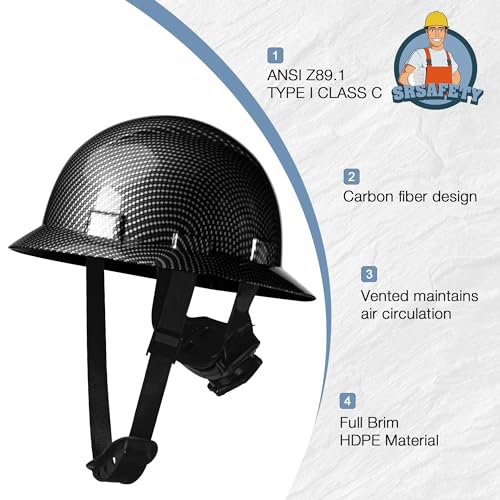 SRSAFETY Full Brim Hard Hat Carbon Fiber Design 6 Point Adjustable Ratchet Suspension OSHA Approved ABS Work Helmet for Men&Women ANSI Z89.1 Type I Class C