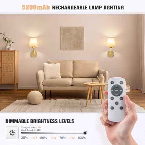 VOLISUN Battery Operated Wall Sconce Set of Two,Gold Wireless Sconces with Romote and Rechargeable Bulbs,9 Colors Indoor Wireless Wall Lights for Bedroom Living Room Hallway